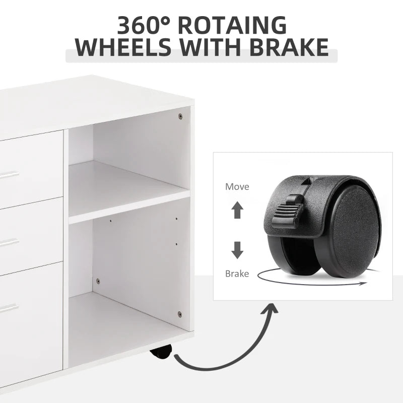 White Printer Stand with Wheels, 3 Drawers, 2 Shelves - Modern Office Storage Unit