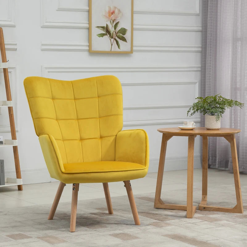 Yellow Velvet Tufted Wingback Armchair with Wood Legs