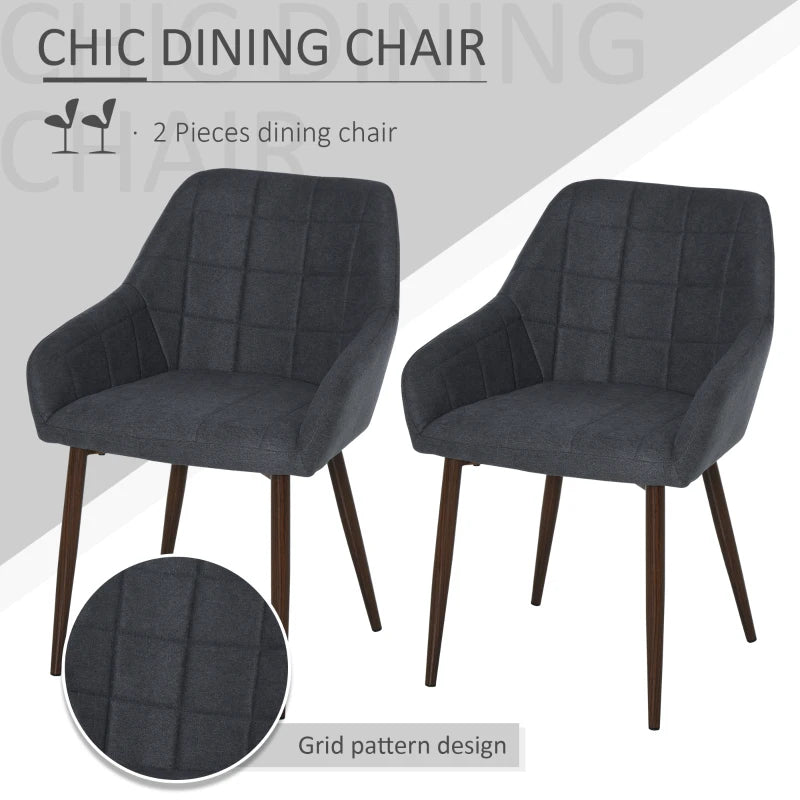 Dark Grey Linen Dining Chair Set with Grid Pattern Cushion