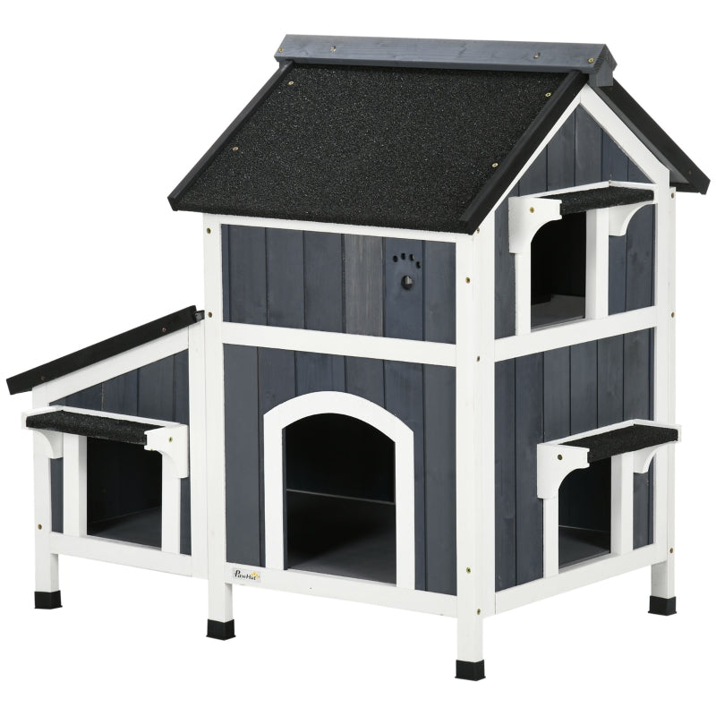 Grey Wooden Outdoor Cat House with Flower Pot and Multiple Entrances