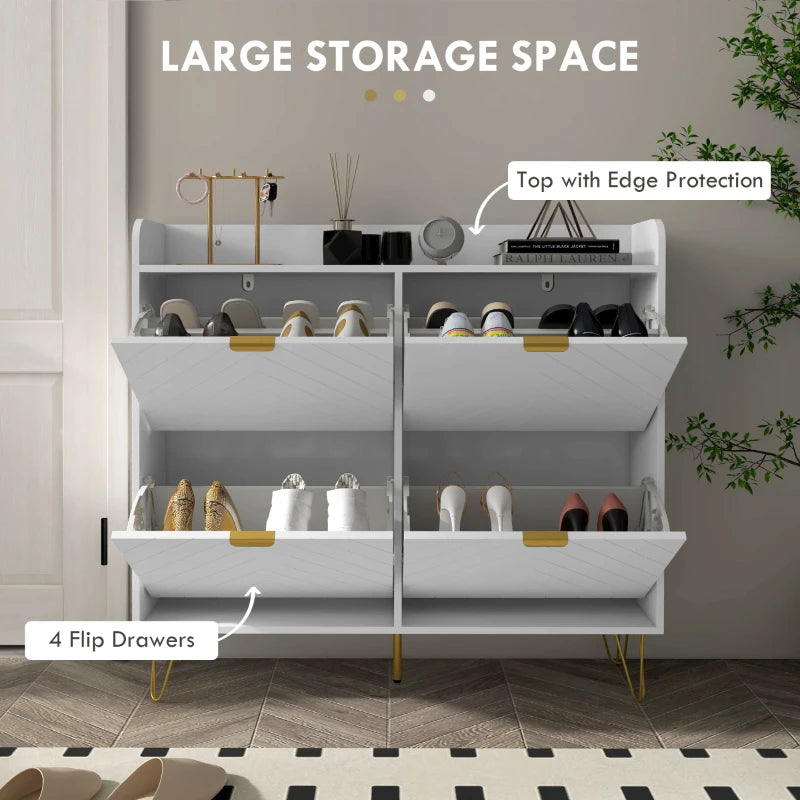 Slim White Shoe Storage Cabinet with 4 Flip Drawers - Adjustable Shelf, Shoe Rack for 16 Pairs