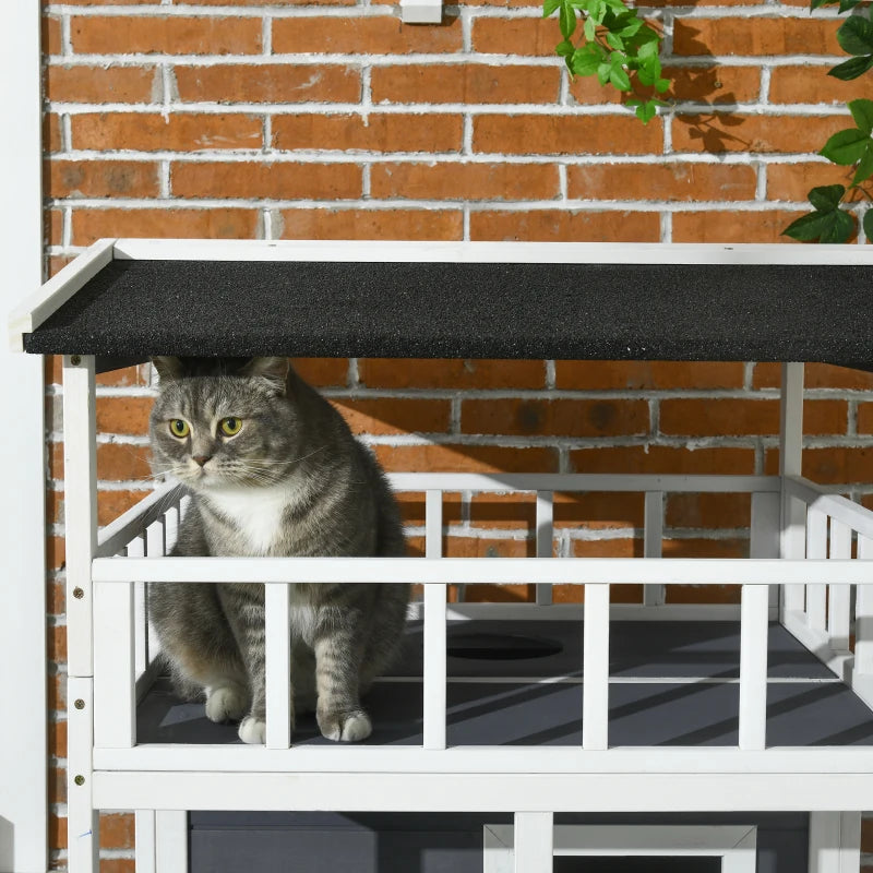 Grey Wooden 3-Tier Outdoor Cat House with Tilted Roof and Waterproof Paint