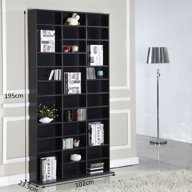Black Wooden Media Storage Shelf with 10 Adjustable Shelves