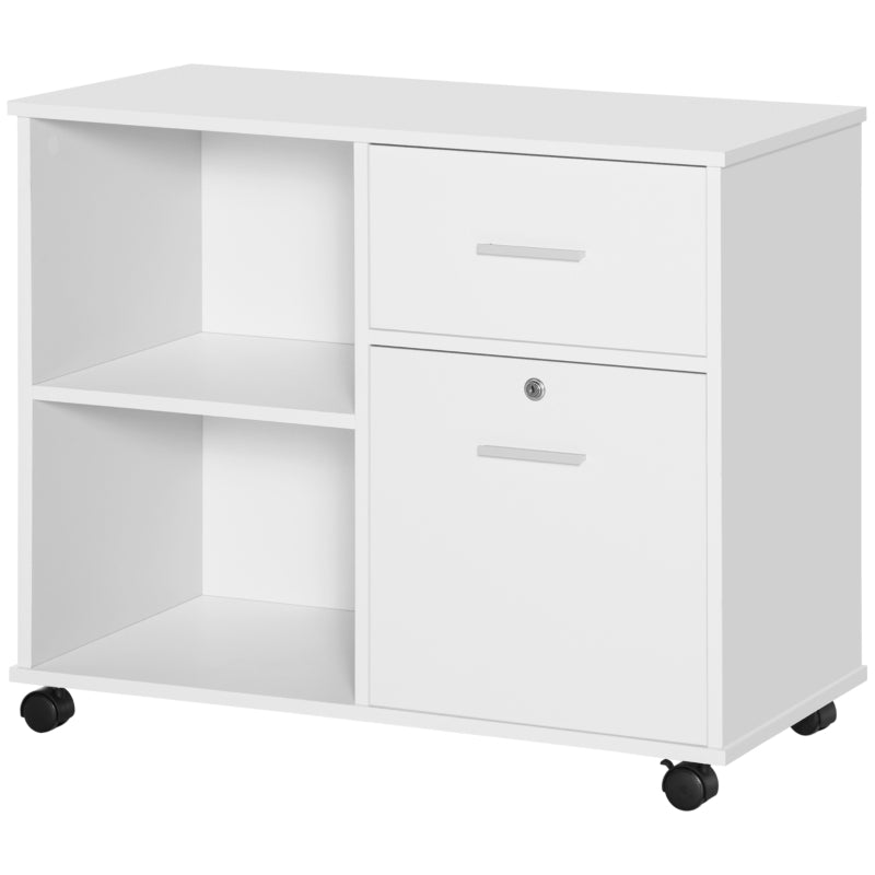 White Mobile Filing Cabinet with Lockable Drawer and Shelves