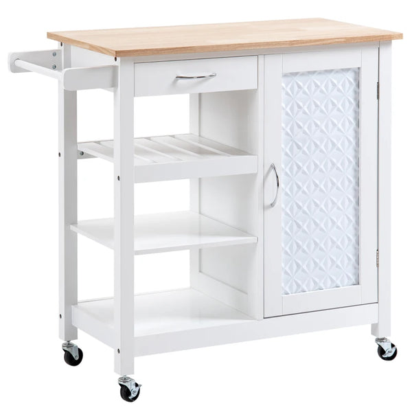 White Kitchen Trolley with Embossed Door Panel and 3 Shelves