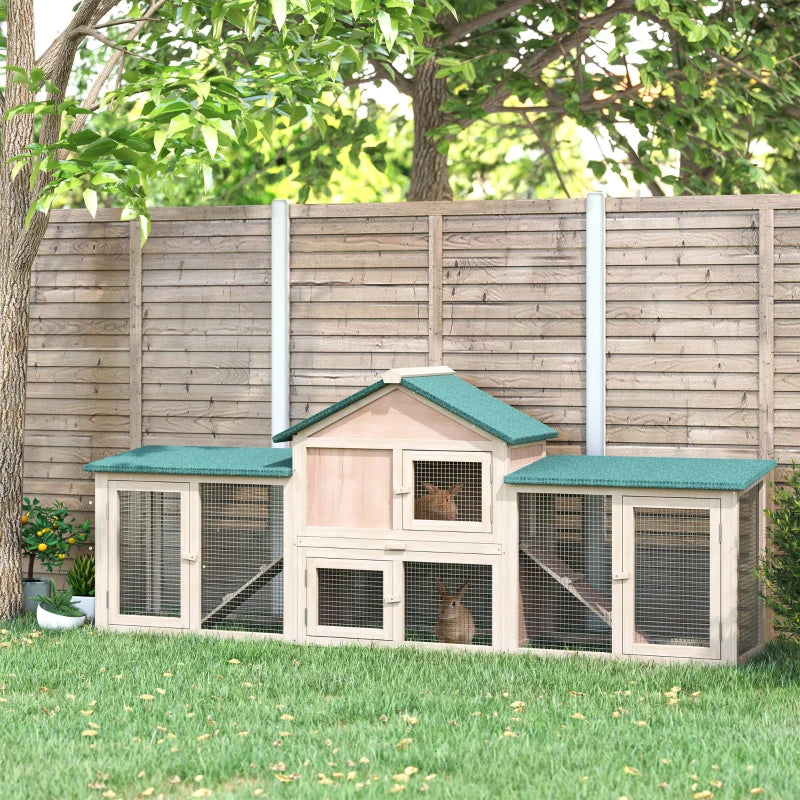 Wooden Outdoor Rabbit Hutch with Run, 2-Storey Bunny House - Grey, 210 x 45.5 x 84.5 cm