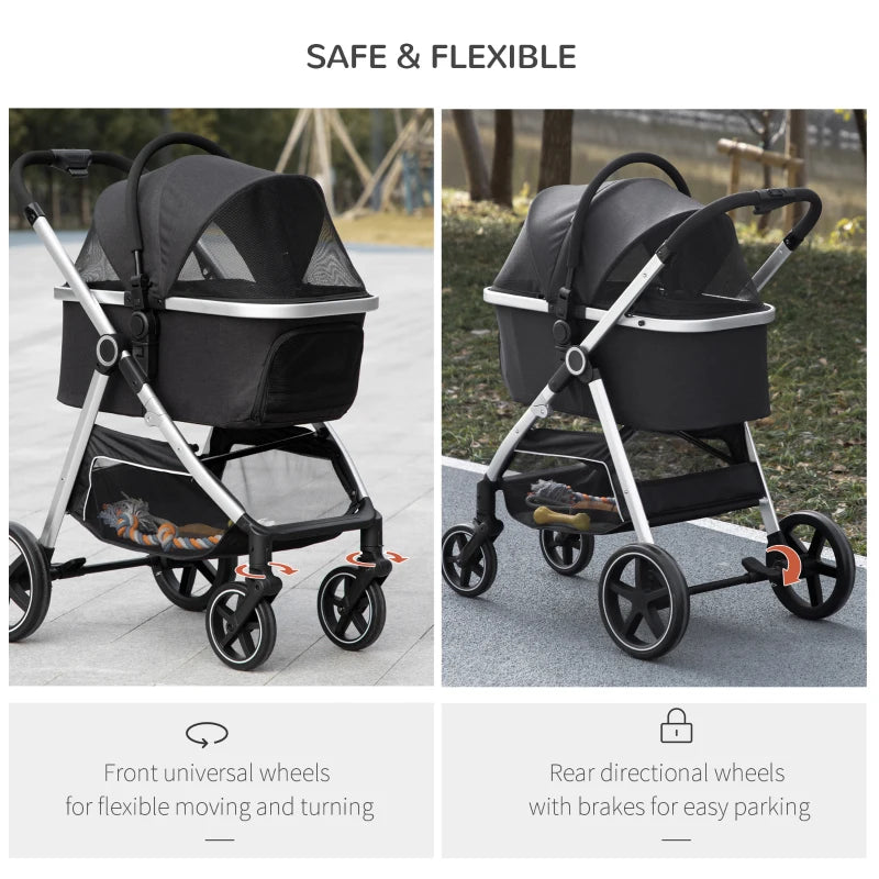 Black 3-in-1 Foldable Pet Stroller with EVA Wheels & Canopy