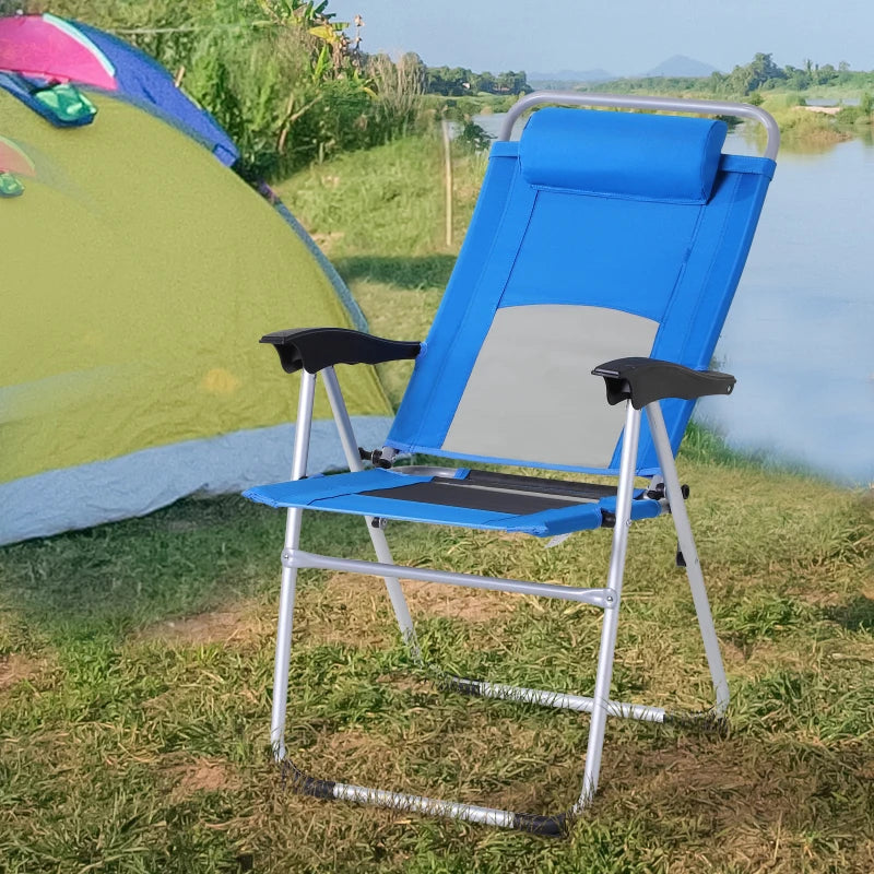 Blue Folding Camping Chair with Adjustable Recliner and Pillow