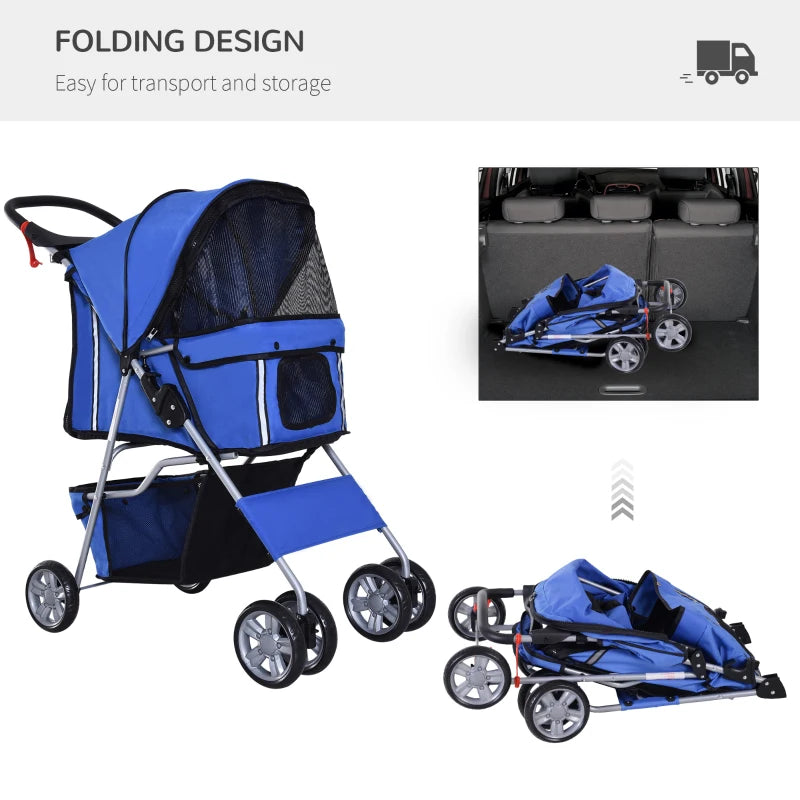 Blue Pet Stroller for Small Pets - Foldable Travel Carriage