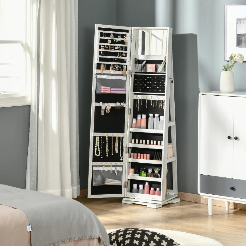 White Swivel Mirror Jewellery Cabinet with Lockable Organizer