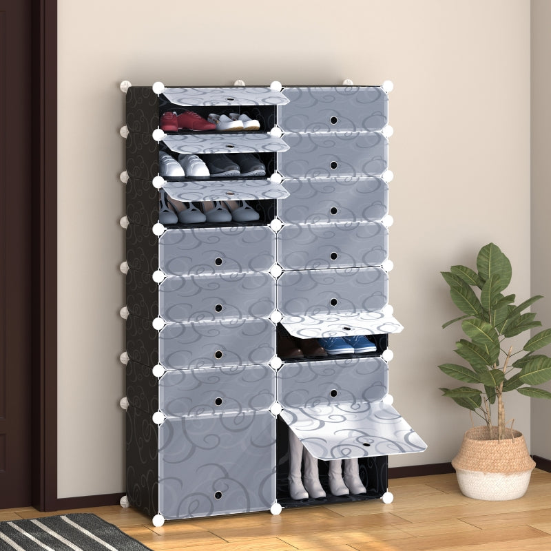 Modular 16-Cube Shoe Rack, 2 x 8 Tier Storage Cabinet, White & Black