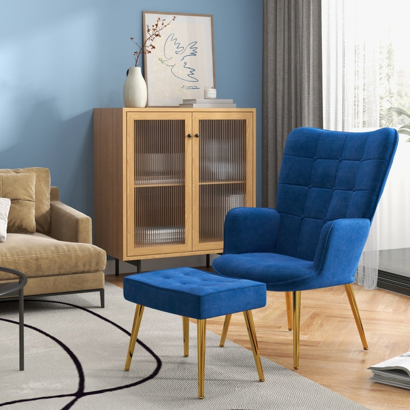 Modern Dark Blue Velvet Armchair with Ottoman Set