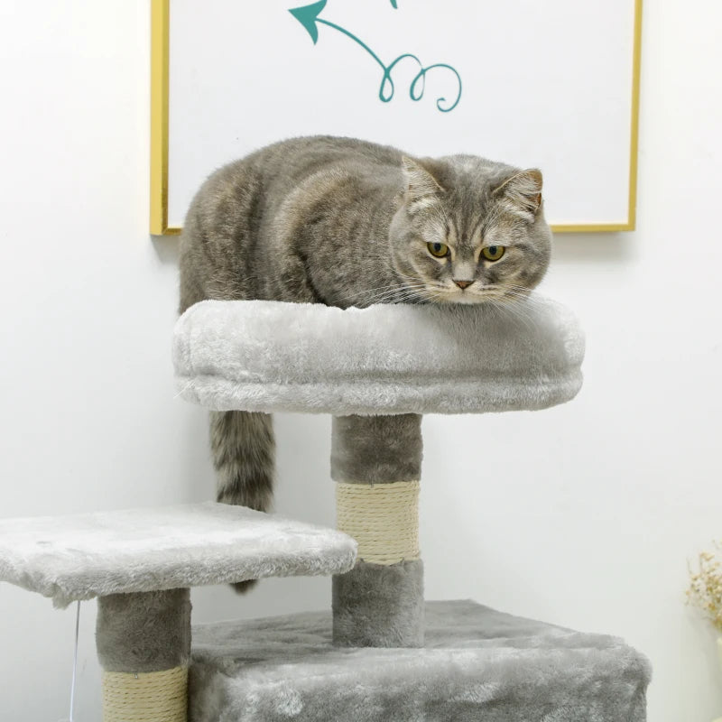 Grey Cat Tree with Scratching Post, House, Hammock, Toy Balls - 132cm