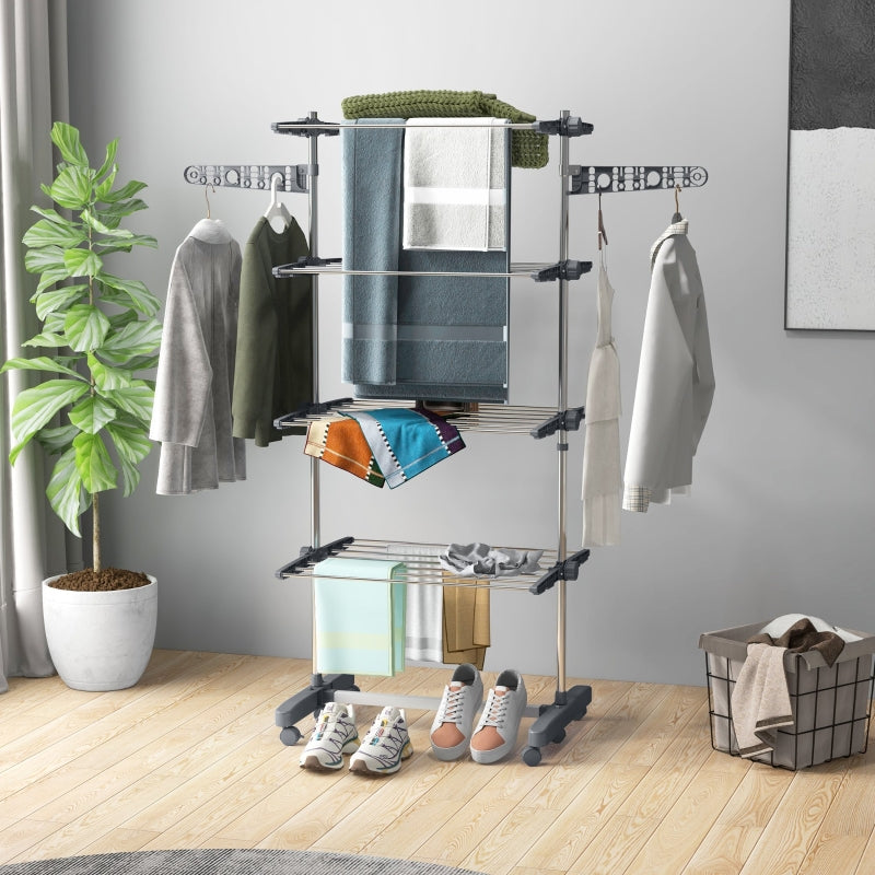 Grey 4-Shelf Folding Clothes Drying Rack with Side Arms and Wheels