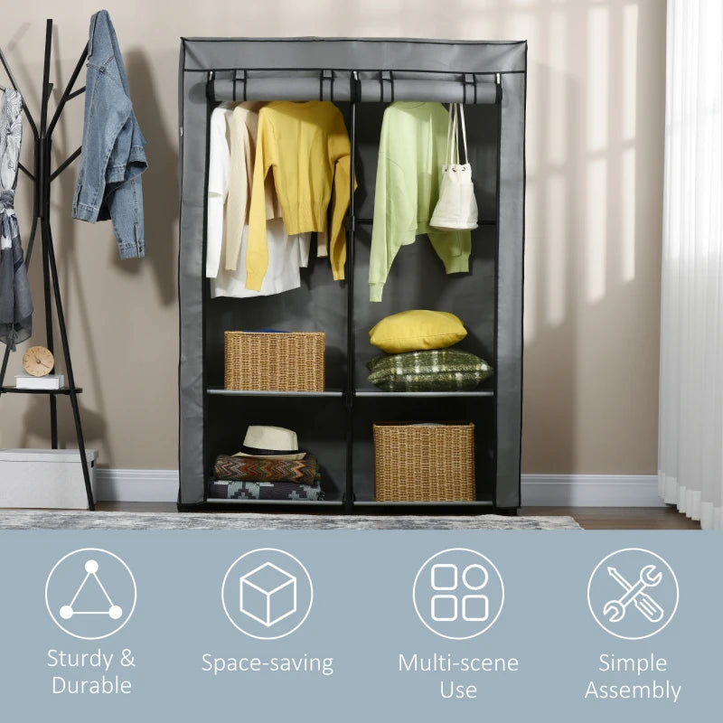 Portable Fabric Wardrobe with Shelves and Hanging Rails, Light Grey