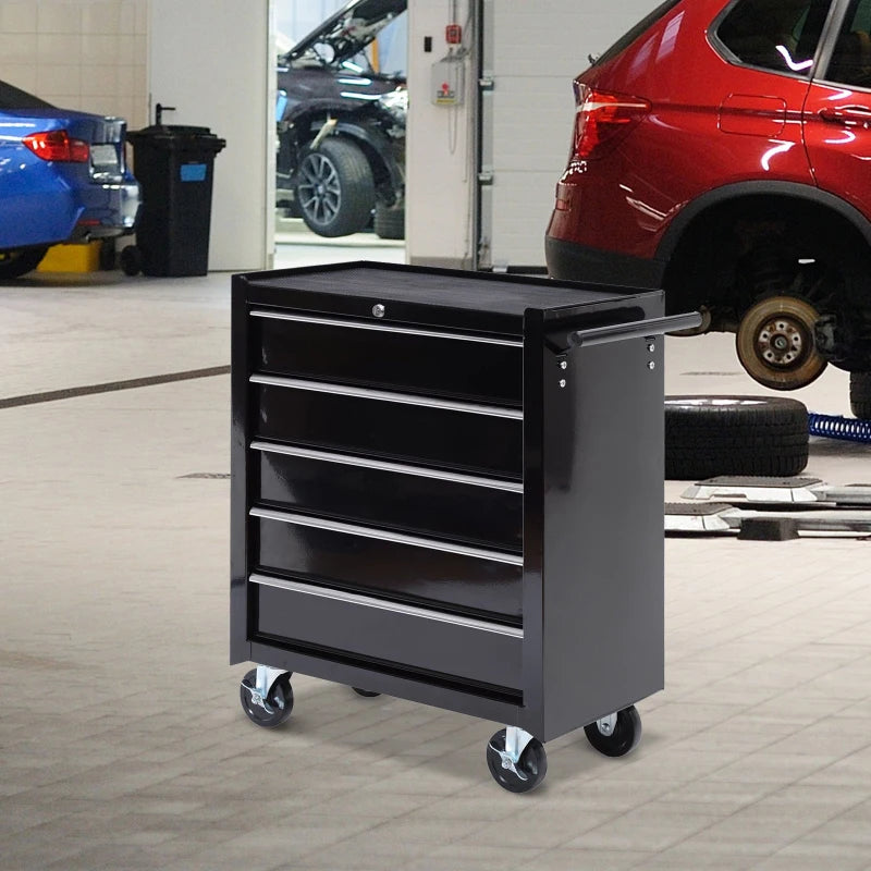 Black 5-Drawer Steel Tool Chest with Wheels and Lockable Cabinet