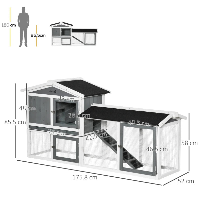 White 2-Tier Outdoor Rabbit Hutch with Run Box, Slide-out Tray, Ramp - 175.8 x 52 x 85.5 cm