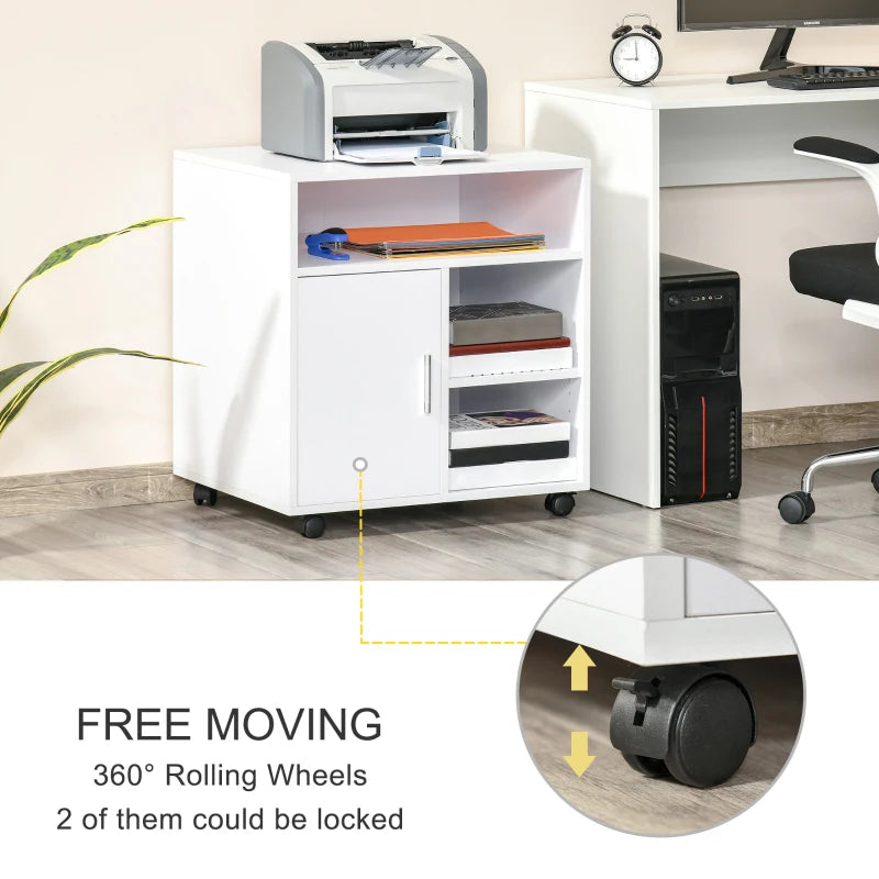 White Mobile Printer Stand with Storage and Wheels - Modern Office Desk Unit