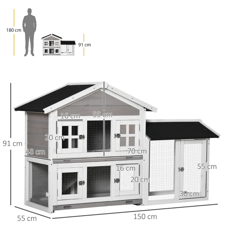 Grey 2 Tier Wooden Small Animal Hutch with Slide-out Tray, Ramp - 150 x 55 x 91cm
