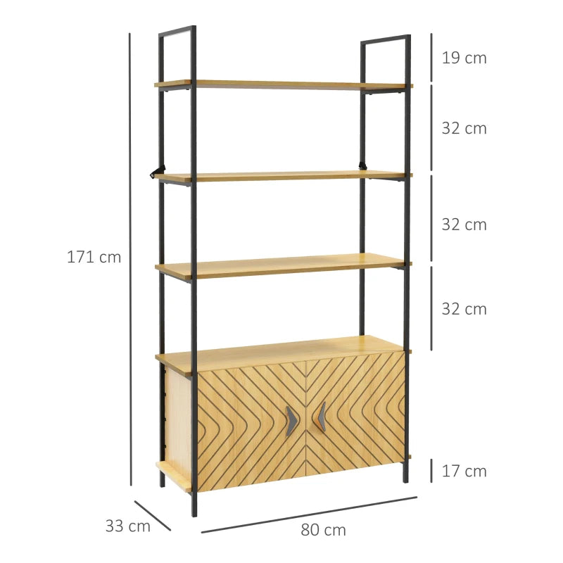 4-Tier Metal Display Shelf with Double Door Cabinet - Oak Tone