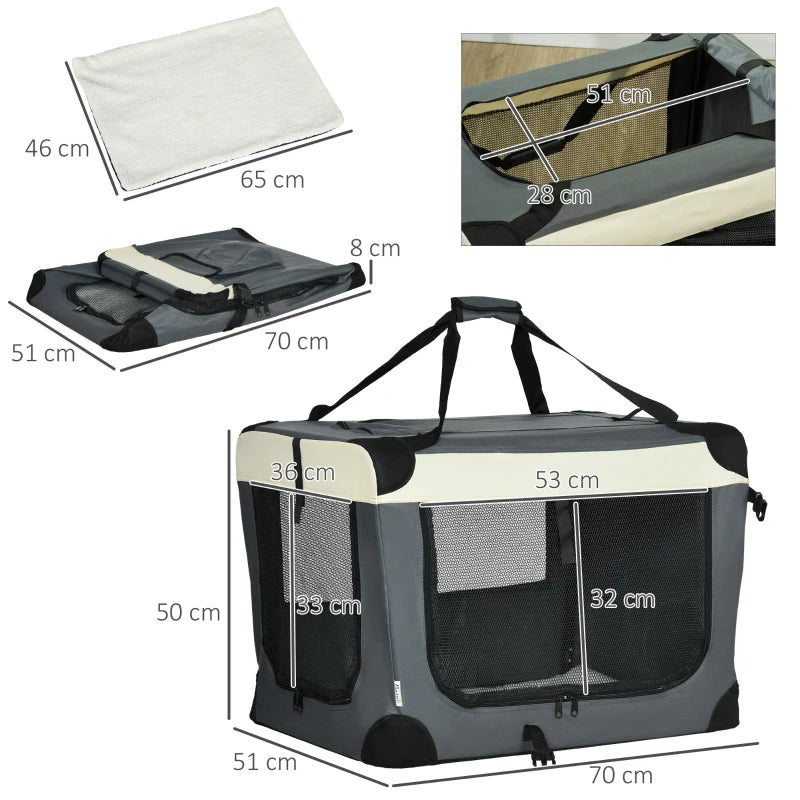 Foldable Grey Pet Carrier with Cushion - 70cm for Small Dogs and Cats