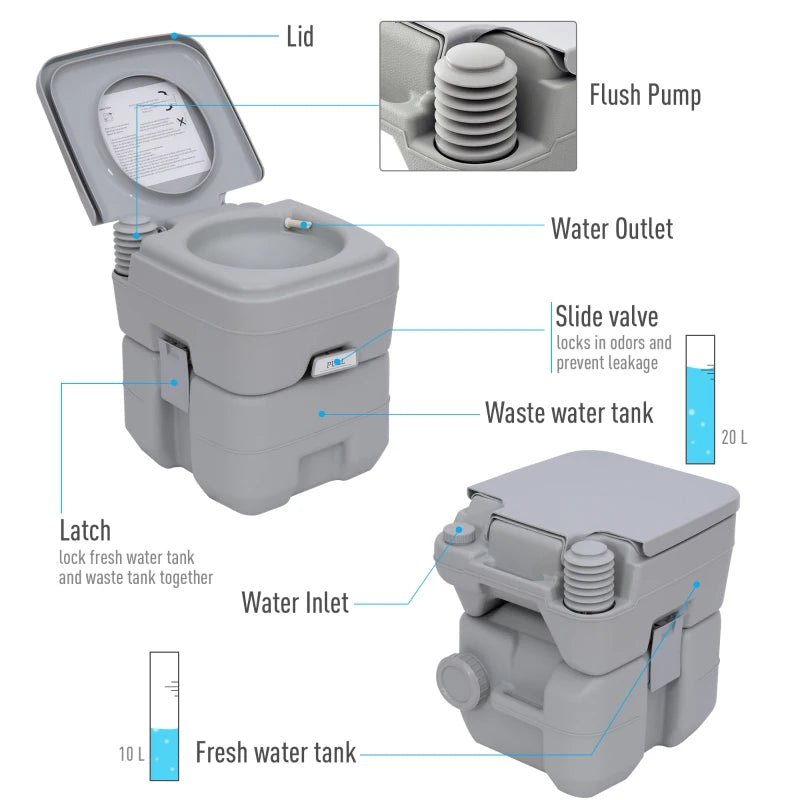 Portable Grey Camping Toilet with 2 Detachable Tanks