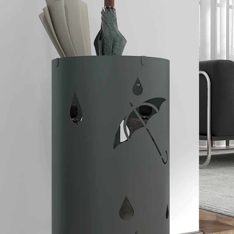 Dark Grey Freestanding Umbrella Holder with Hooks and Drip Tray