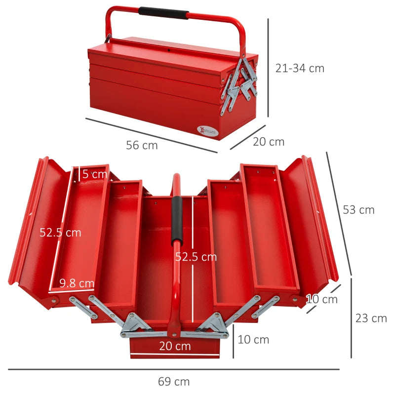 Red Metal 3-Tier Cantilever Toolbox with Carry Handle, 56x20x34cm