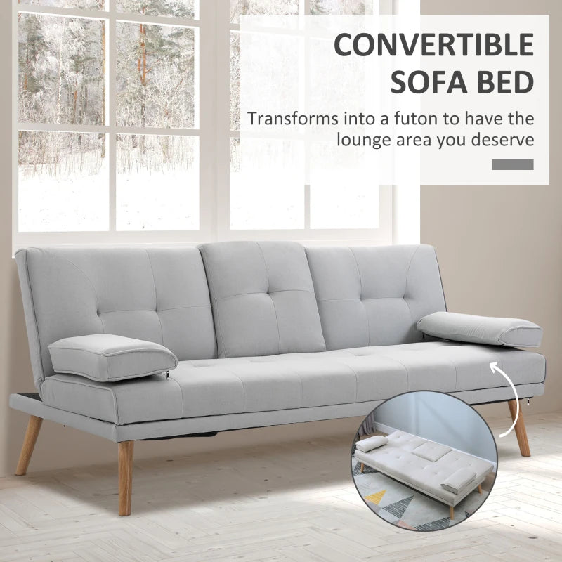 Grey 3 Seater Sofa Bed with Recliner and Cup Holder - Scandinavian Style