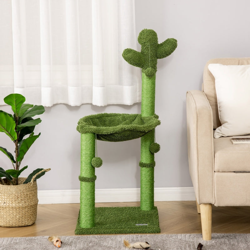 Cat Cactus Tower with Scratching Post, Hammock, Bed & Toy - Green