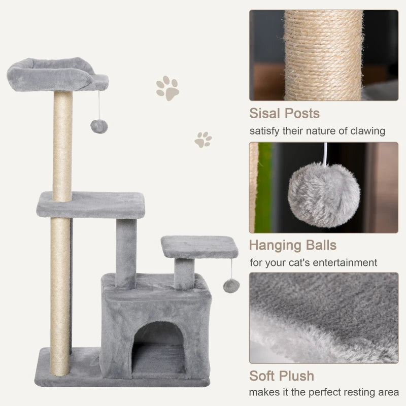 Cat Climbing Tower 114cm with Scratching Post & Toy - Light Grey