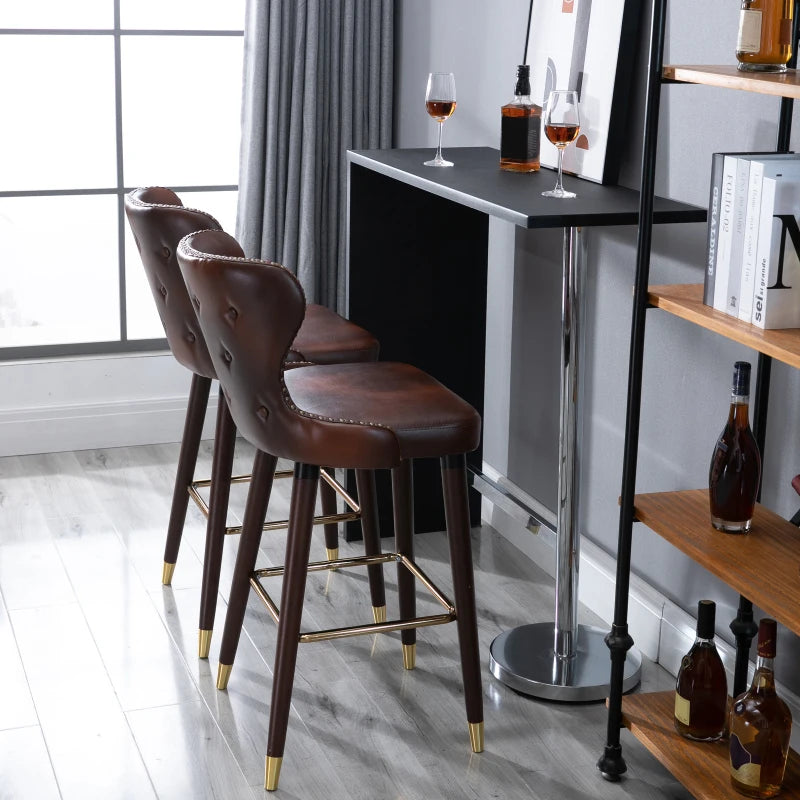 Brown PU Leather Bar Stools Set of 2, Retro Kitchen Chairs with Wingbacks and Footrest