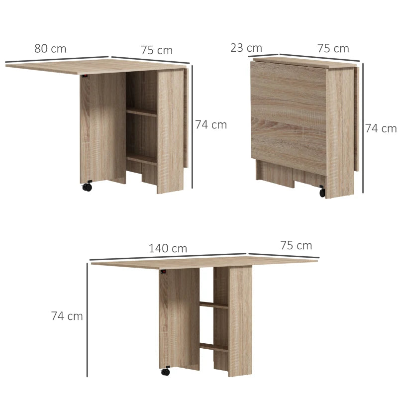 Natural Folding Drop Leaf Dining Table with Shelves and Casters