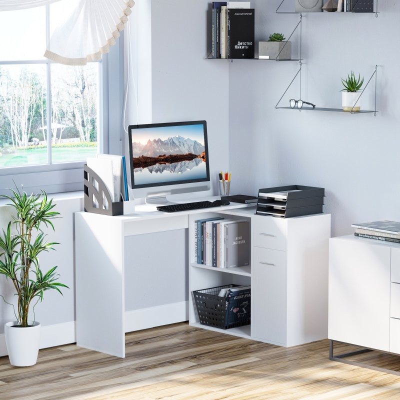 White L-Shaped Computer Desk with Storage Shelf and Drawer