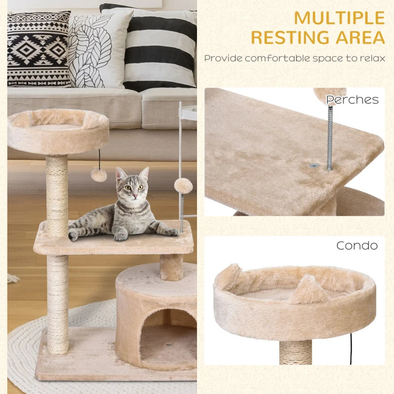 Beige Cat Tree Condo with Scratching Post and Perch - 60x40x81 cm