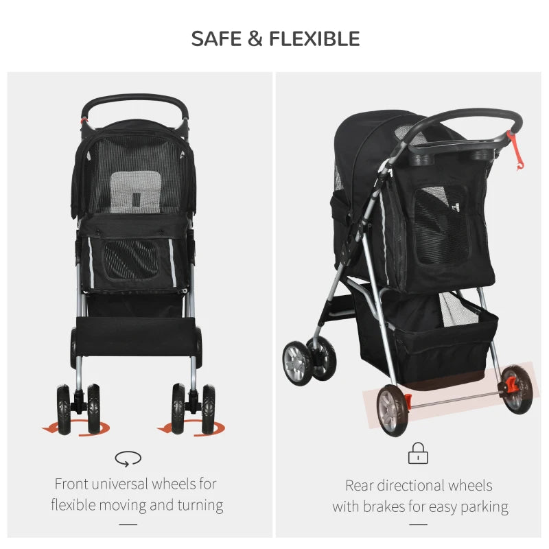 Black Pet Stroller for Small Pets - Foldable Travel Carriage with Wheels