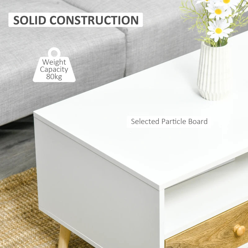 Rectangular White and Brown Coffee Table with Drawers and Shelves