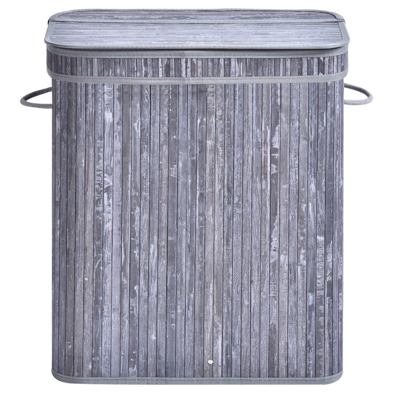 Grey Wooden Laundry Basket with Split Compartment and Lid