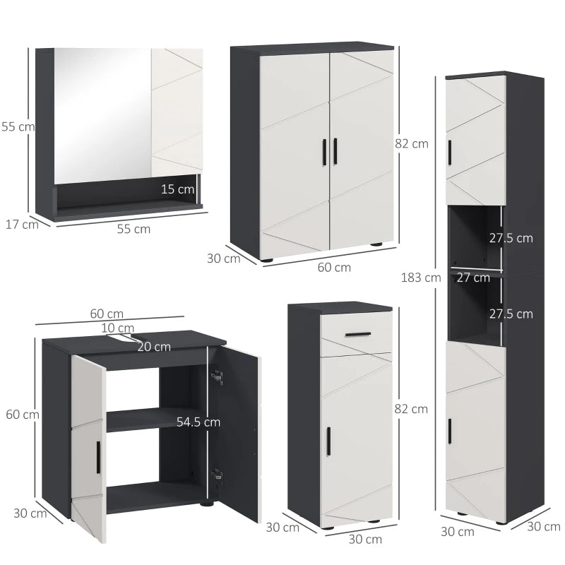 Grey 5-Piece Bathroom Furniture Set with Storage Cabinets and Mirror