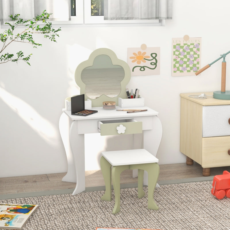 Kids White Vanity Table Set with Mirror, Stool, Drawer, and Flower Design