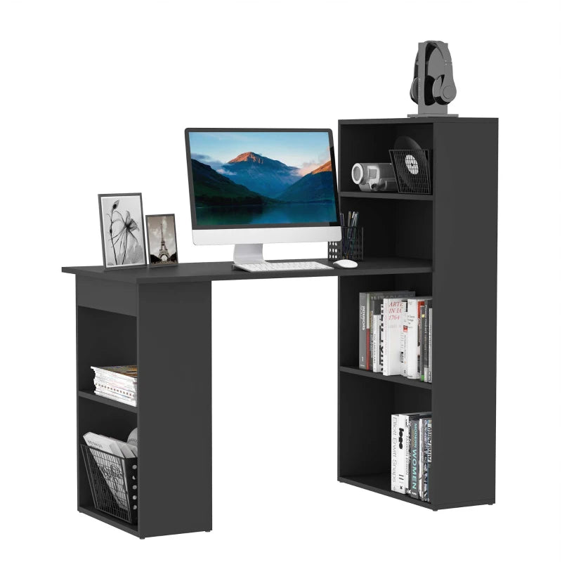 Black 120cm Computer Desk with Bookshelf and 6 Shelves