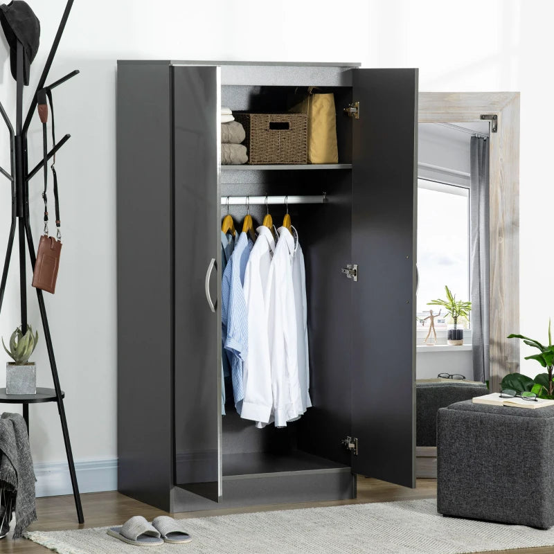 Grey High Gloss 2-Door Wardrobe with Hanging Rod and Storage Shelf