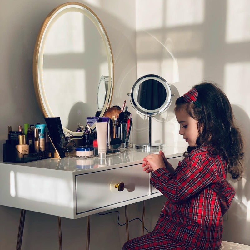 White Vanity Dressing Table Set with LED Light, Round Mirror, 2 Drawers, and Stool