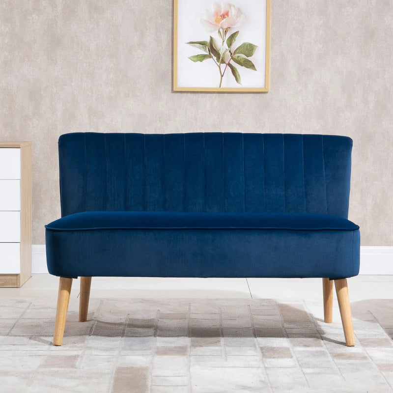 Blue Velvet Double Seat Sofa with High Back and Wood Frame