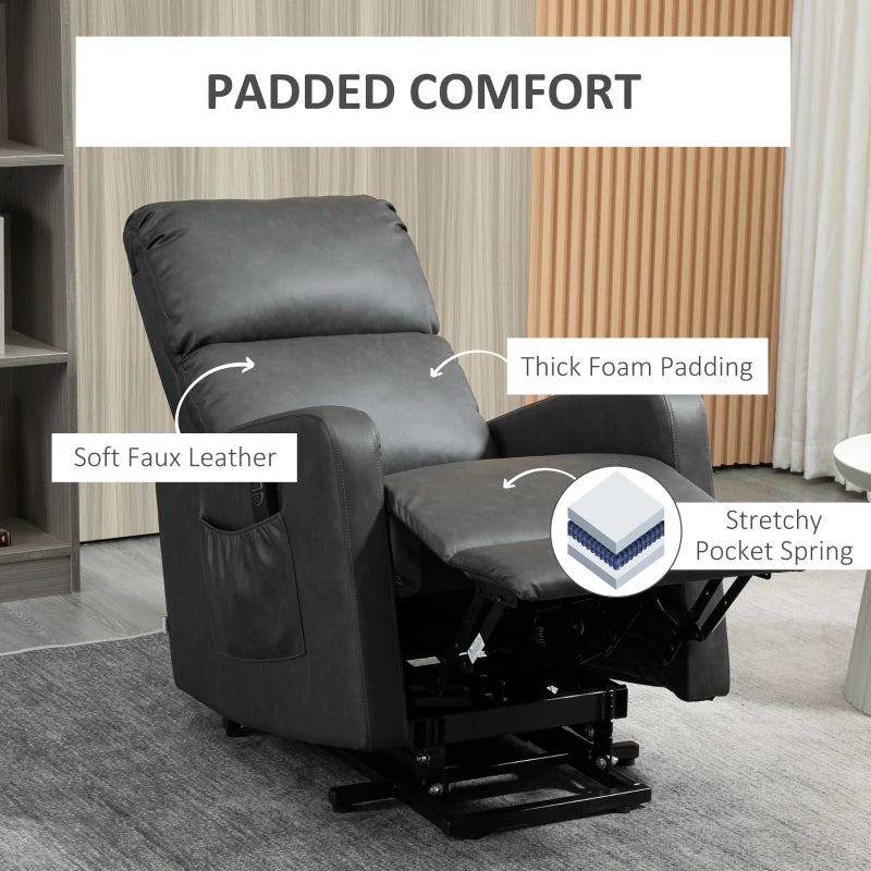 Charcoal Grey Elderly Recliner Chair with Remote Control and Side Pockets