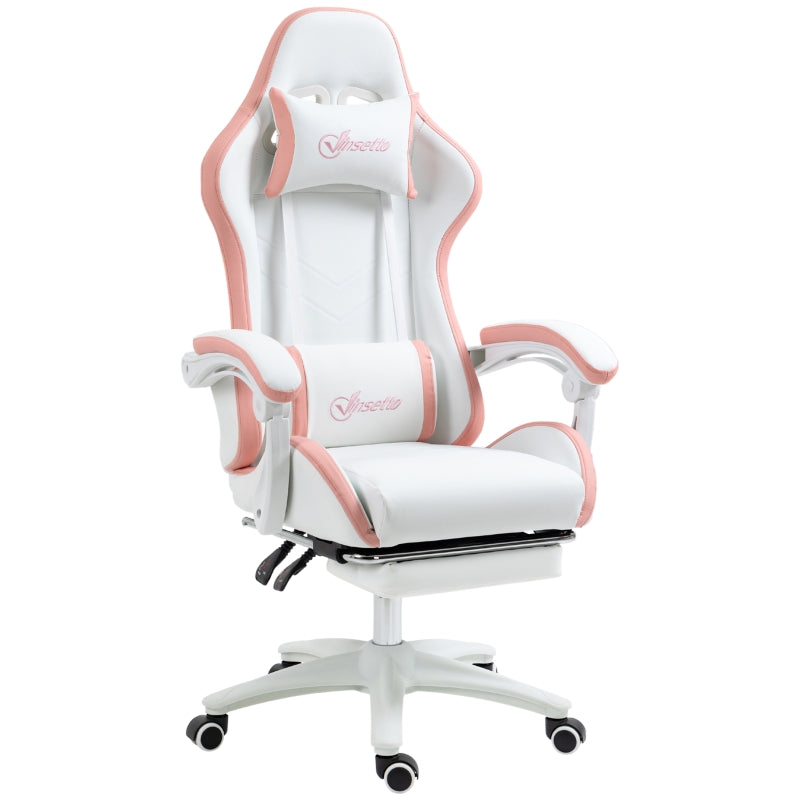 White and Pink Racing Gaming Chair with Footrest and Swivel Seat