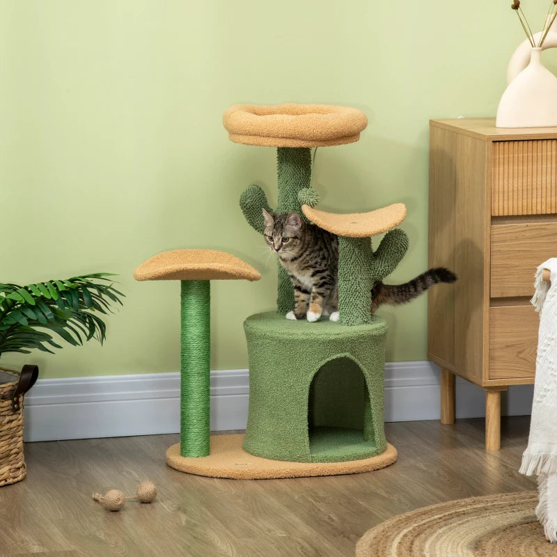 Green Cactus Cat Tree with Teddy Fleece House & Scratching Post