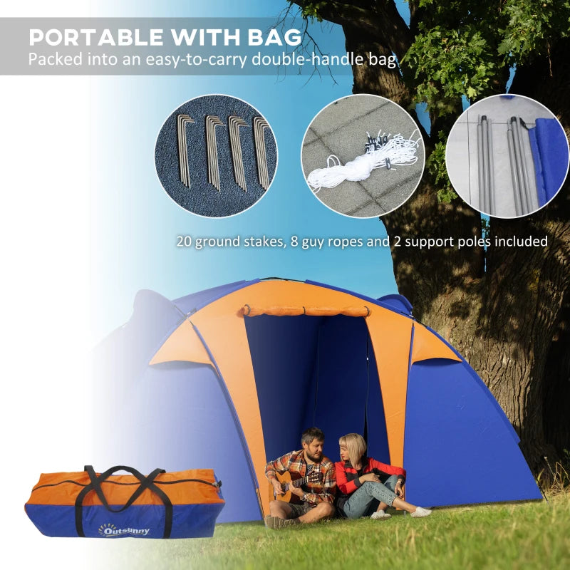 6-Person Waterproof Tunnel Camping Tent with 2 Bedrooms and Porch, Blue