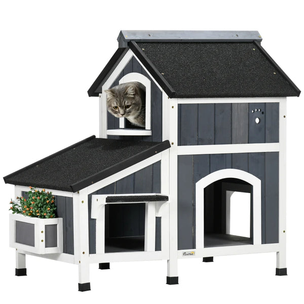 Grey Wooden Outdoor Cat House with Flower Pot and Multiple Entrances