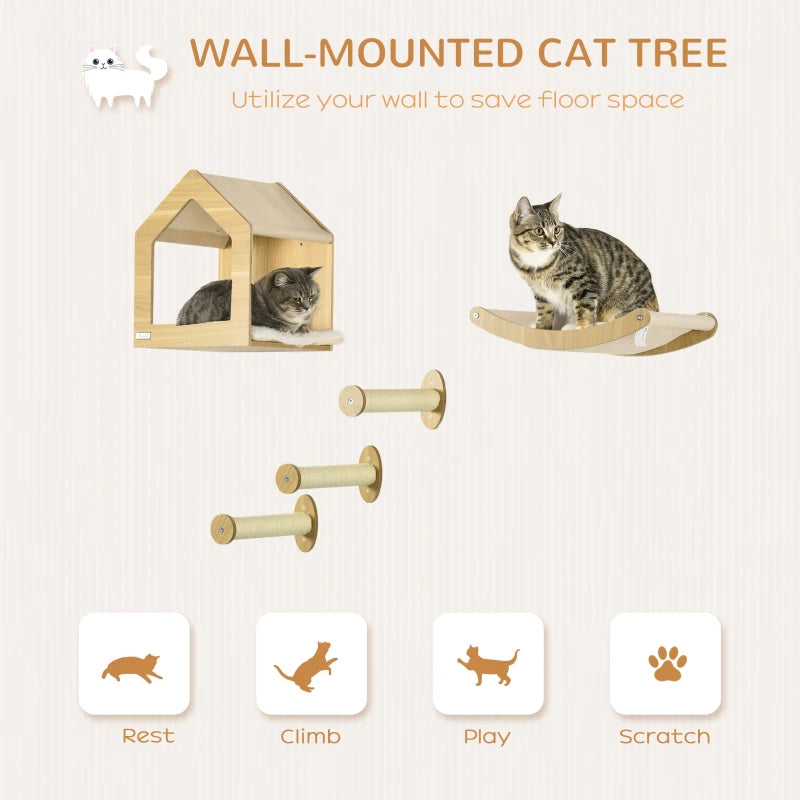 Oak Cat Climbing Shelf Set - 5PCs Wall Mounted Cats Shelves